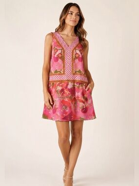Y2K 100% Silk Boho Shift Dress Pink Floral Resort Sleeveless ECI New York
